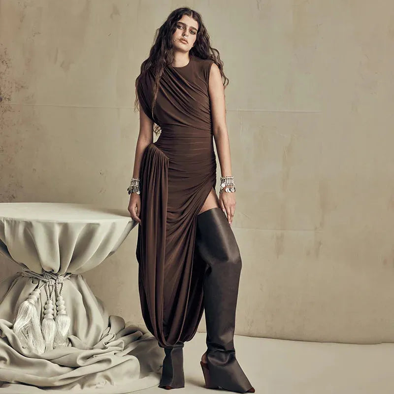 brown ruched dress midi Ereshkigal Brown Ruched Bodycon Midi Dress, L / Brown