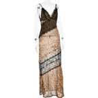 Dress with leopard print and lace details on a mannequin against a white background