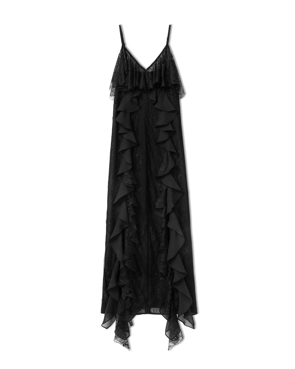 Black ruffled dress on a white background