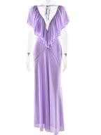 Lavender evening gown on a white mannequin against a white background