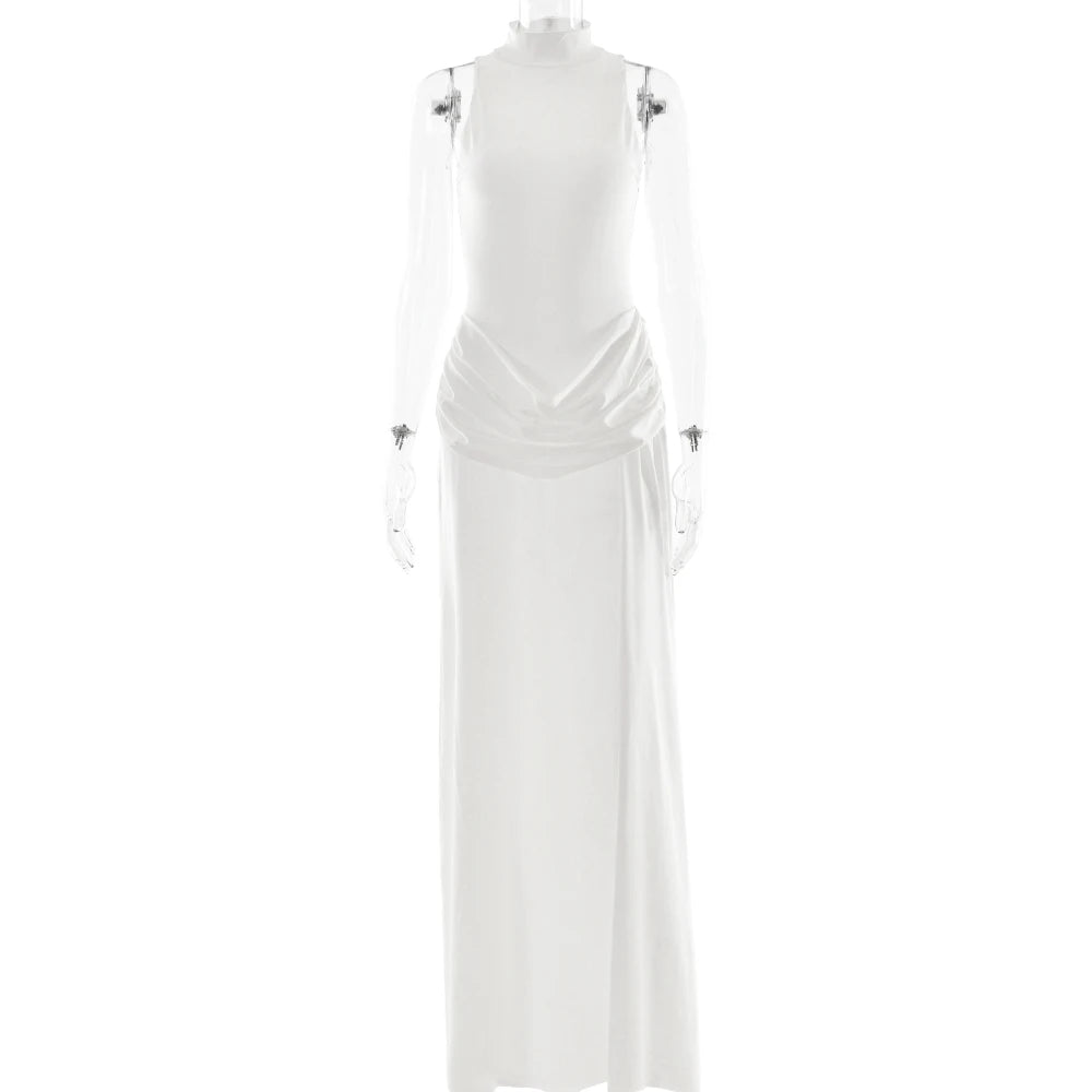 White evening gown on a mannequin against a white background