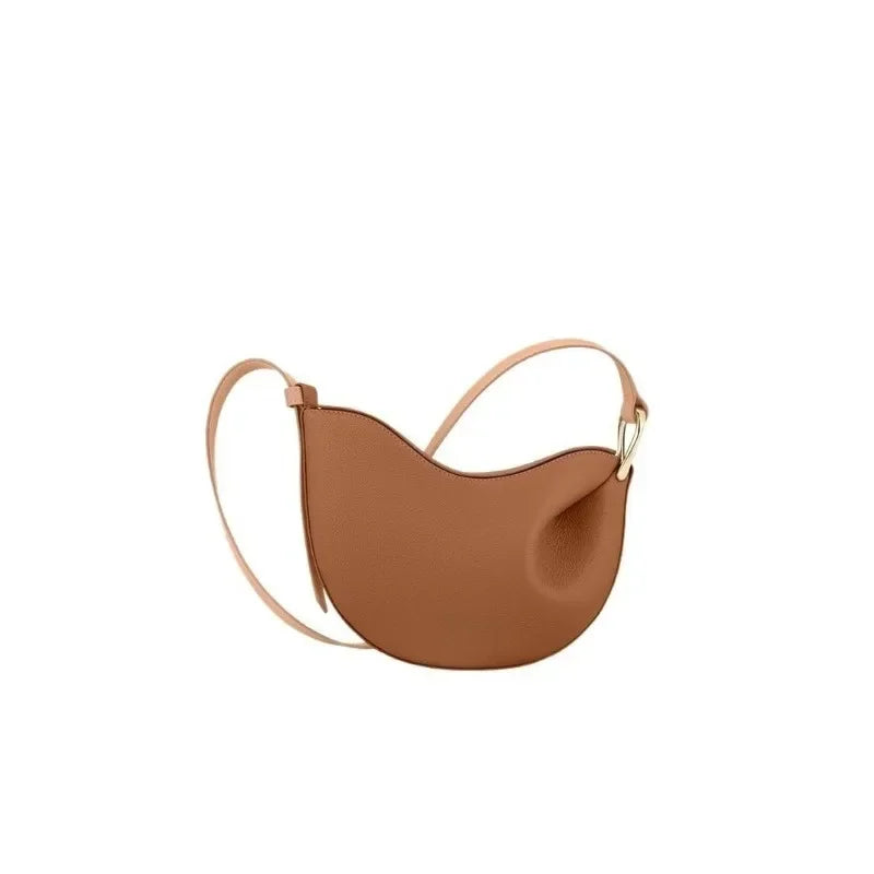 Brown handbag with a strap on a white background