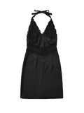 Black halter neck dress with lace details on a white background