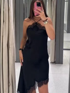 Person wearing a black dress with lace details in a mirror selfie.