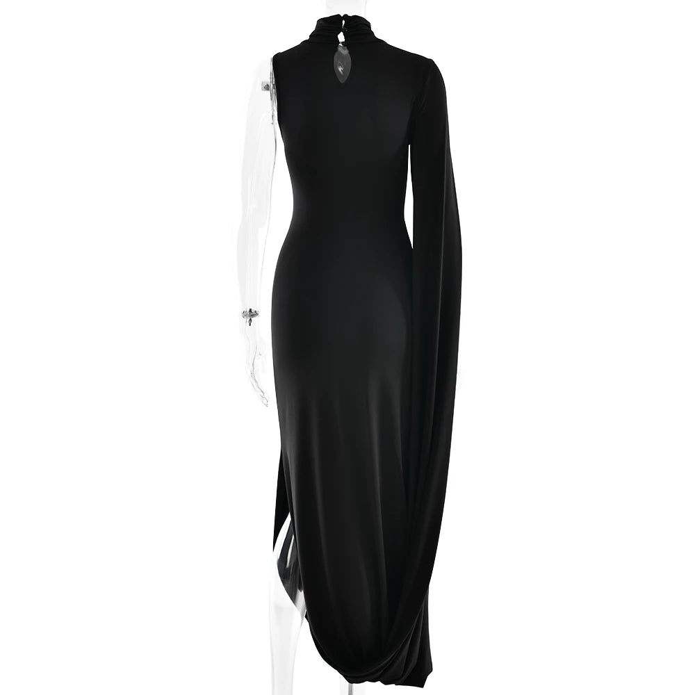 Black long-sleeve dress with a high neckline on a white background