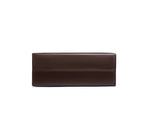 A dark brown leather clutch wallet with a horizontal stitched seam, shown from the front on a solid white background.