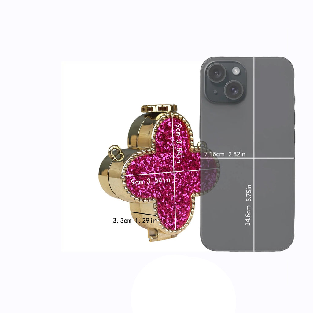 Pink and gold phone case with measurements on a white background
