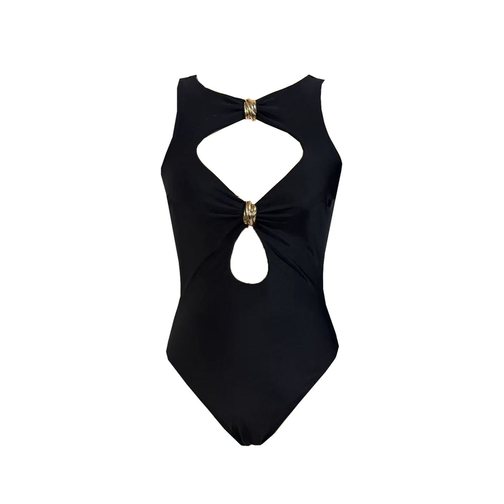 Black swimsuit with gold accents on a white background