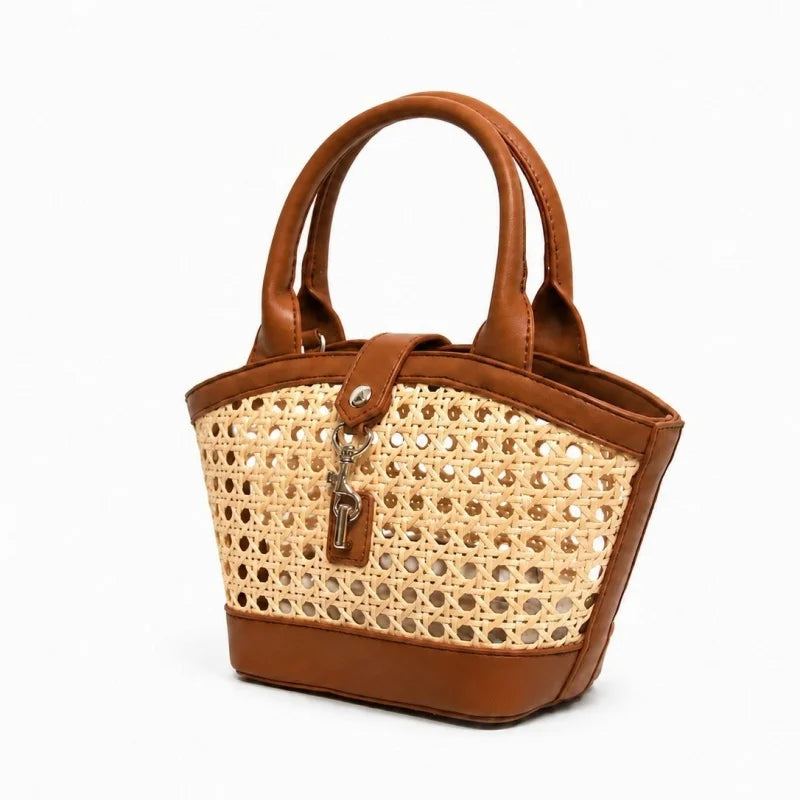 Brown handbag with a woven pattern on a white background