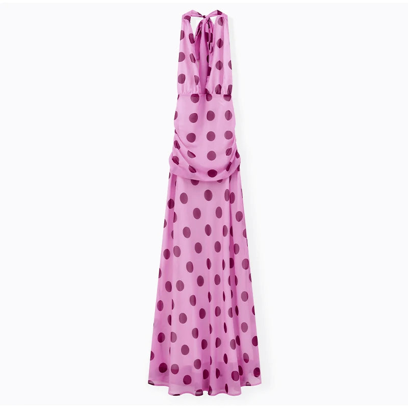 pink dress with black polka dots Pink Draped Polka Dot Long Sleeve Satin Mini Dress Pink / 4