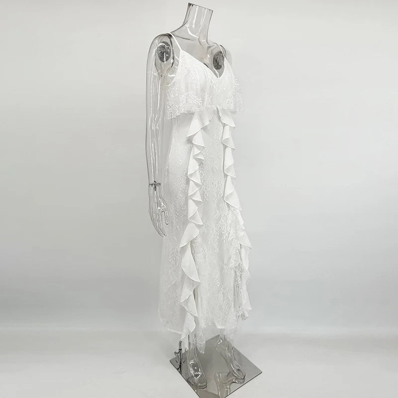 White lace dress on a mannequin against a white background