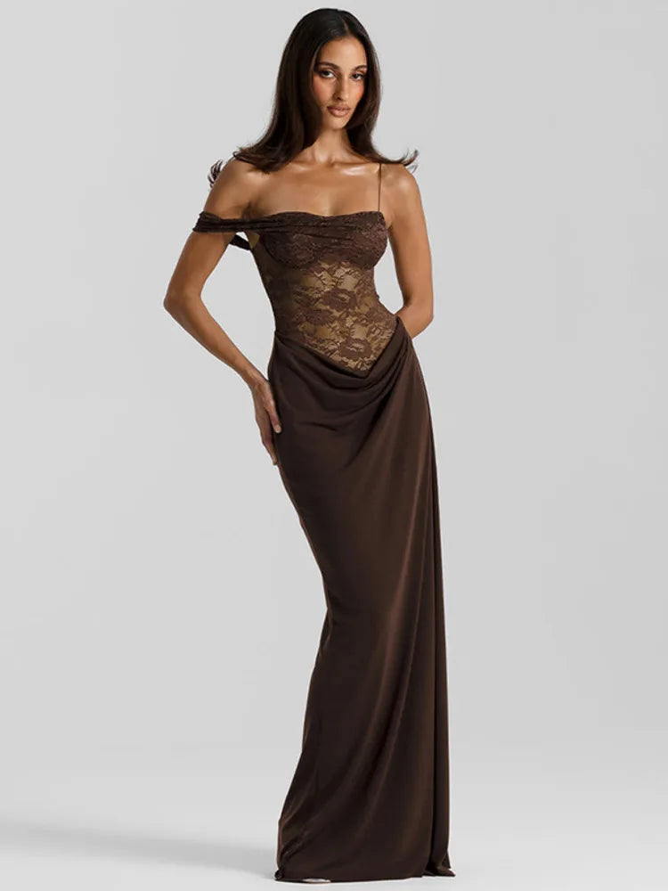 Woman wearing a brown off-shoulder evening gown on a white background