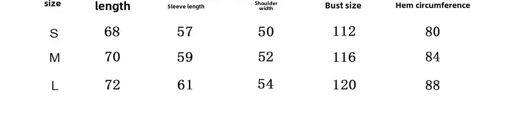 A size chart table with columns for size, length in inches, sleeve length, shoulder width, bust size, and hem circumference, showing S, M, and L measurements.