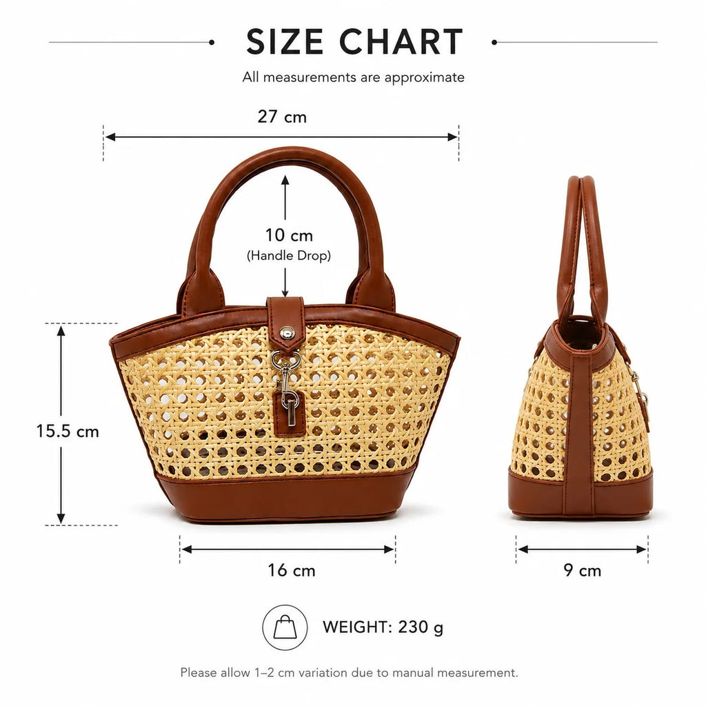 Size chart diagram for a small woven handbag, showing front and side views with labeled dimensions: 27 cm width, 15.5 cm height, 10 cm handle drop, 16 cm front width, 9 cm side width, and weight 230 g on a white background.