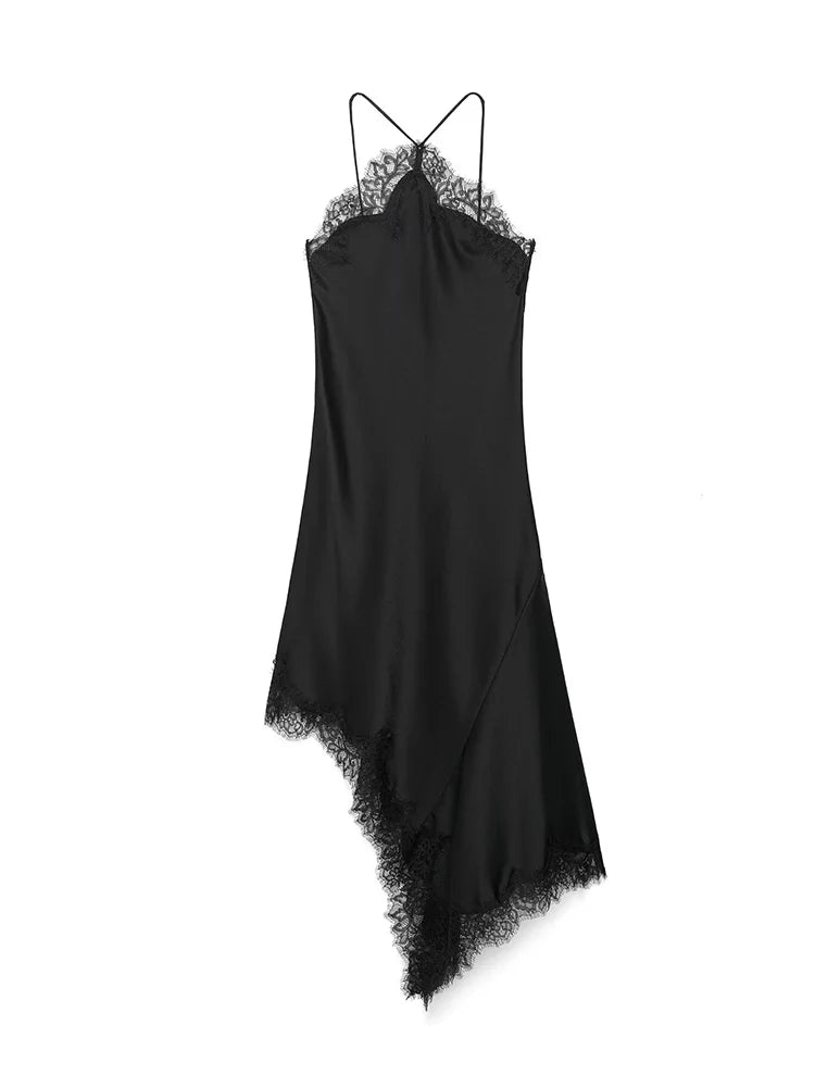 Black slip dress with lace details on a white background