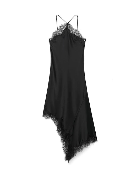 Black slip dress with lace details on a white background