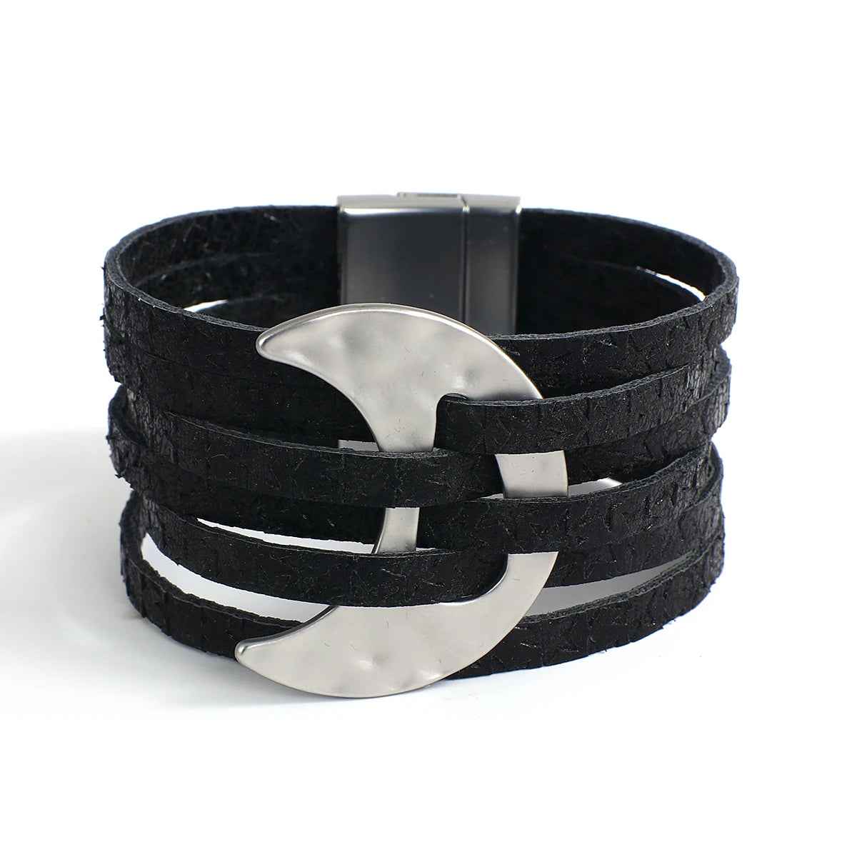 Black leather bracelet with silver crescent moon charm on a white background