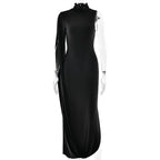 Black evening gown with sheer sleeves on a white background