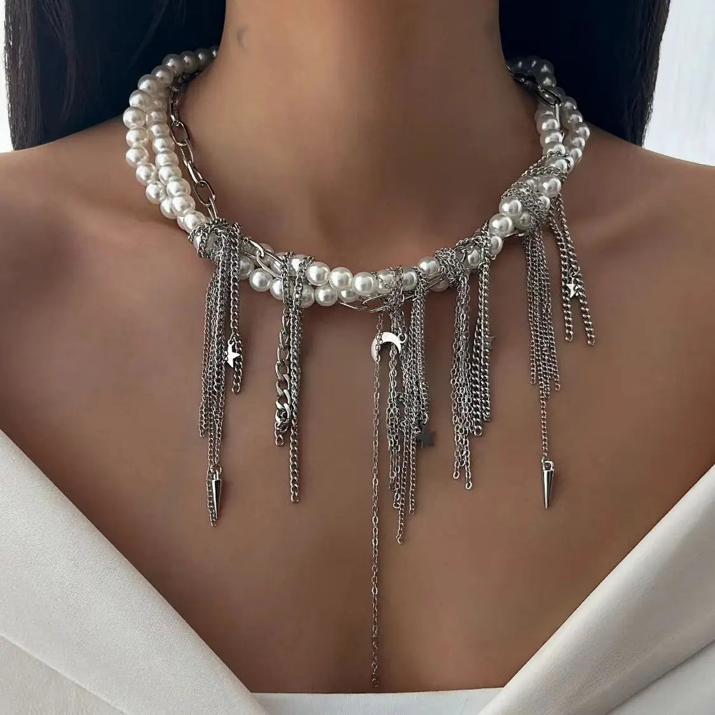 Necklace with pearls and chains on a mannequin