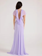 Lavender evening gown with ruffled cap sleeves on a white background