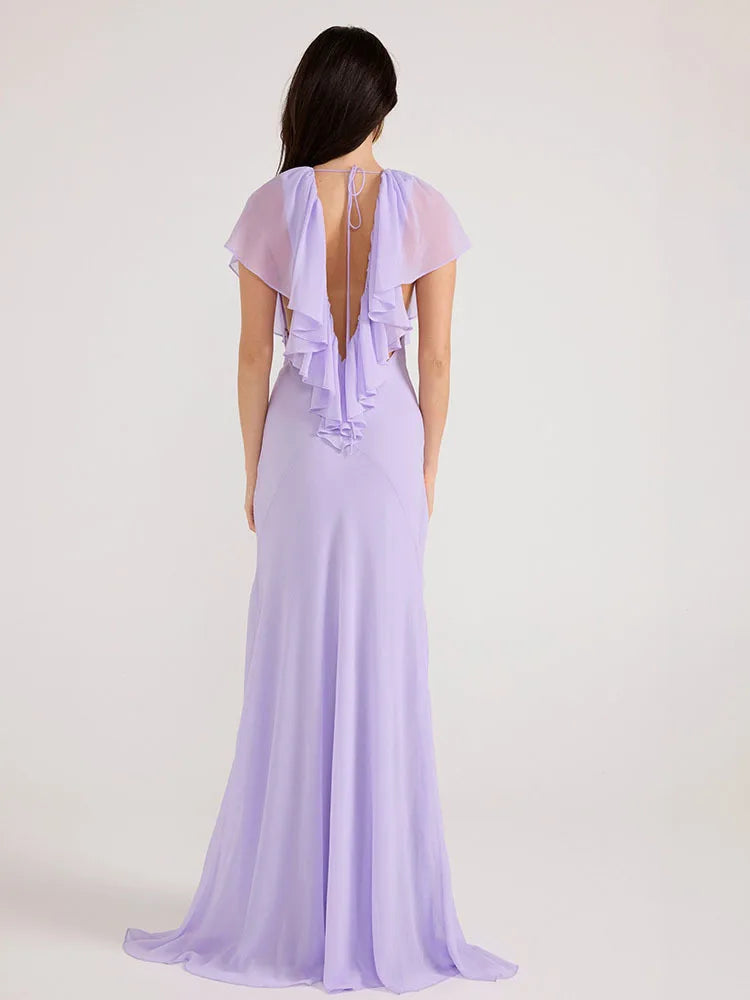 Lavender evening gown with ruffled cap sleeves on a white background