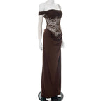Mannequin wearing a brown evening gown with lace detailing on a white background