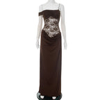 Brown evening gown with lace detailing on a mannequin against a white background