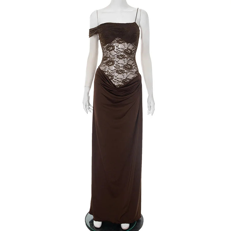Brown evening gown with lace detailing on a mannequin against a white background