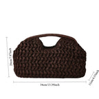 Brown woven handbag with dimensions on a white background