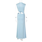 Light blue evening gown on a mannequin against a white background