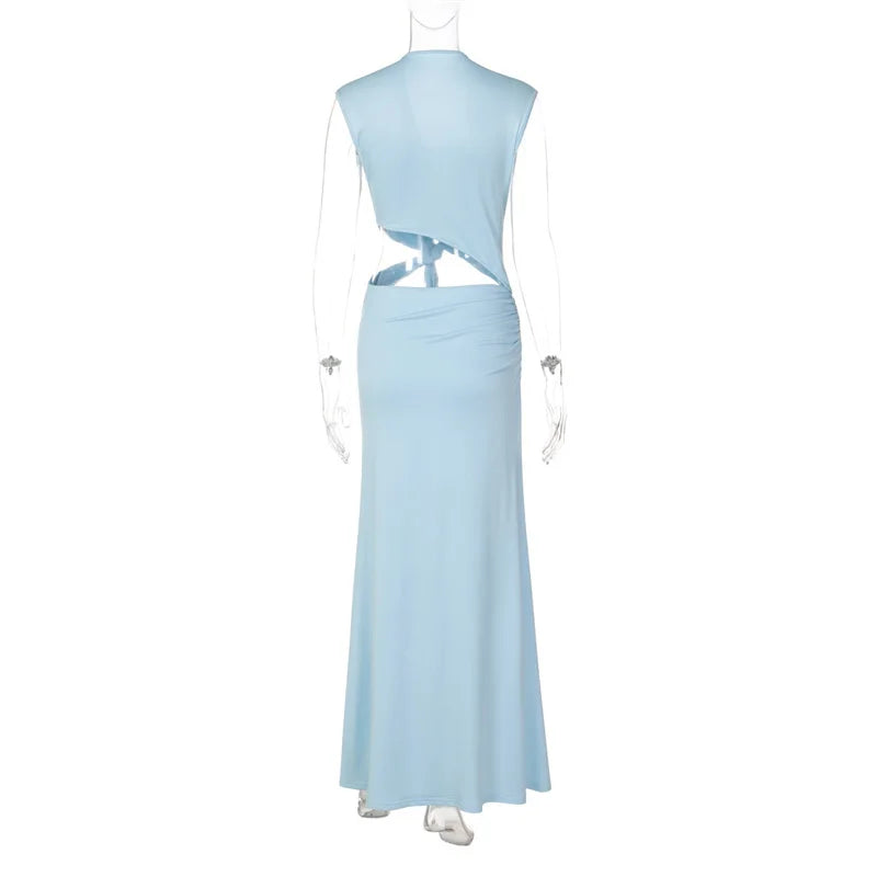 Light blue evening gown on a mannequin against a white background