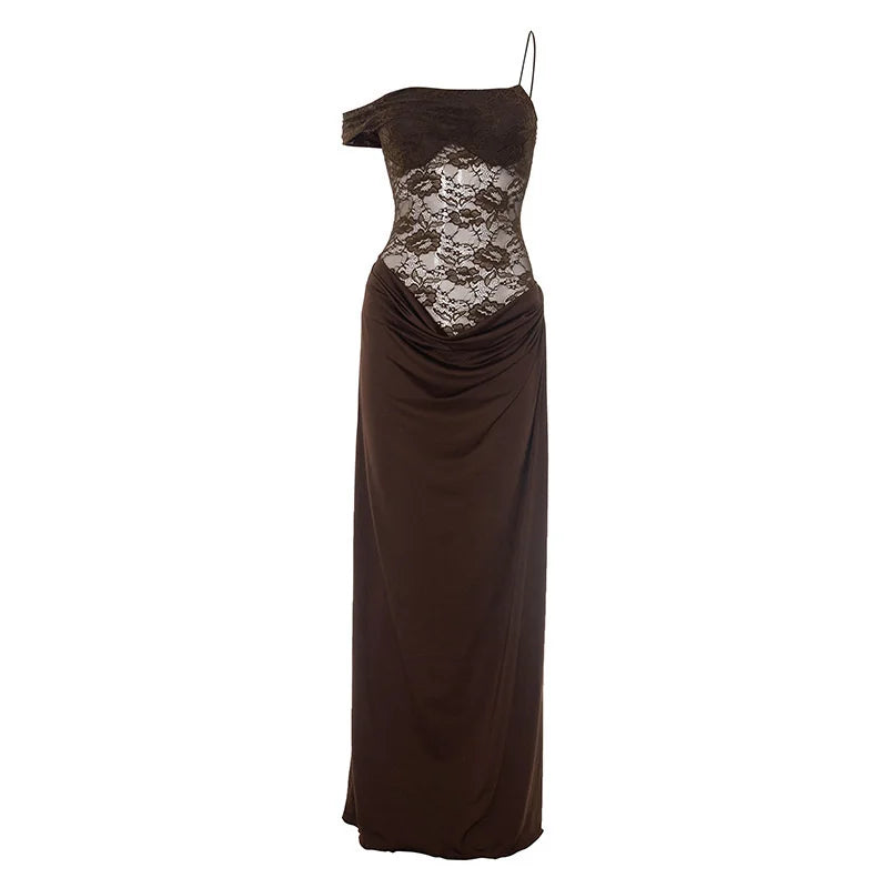 Brown evening gown with lace detailing on a white background