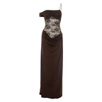 Brown evening gown with lace detailing on a white background