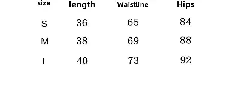 A size chart table with columns labeled Size (Russian letters S, M, L), Length nnha, Waist Obxvat tалиca, and Hip yagodicy, showing measurements 36, 38, 40, 65, 69, 73, and 84, 88, 92 on a white background.