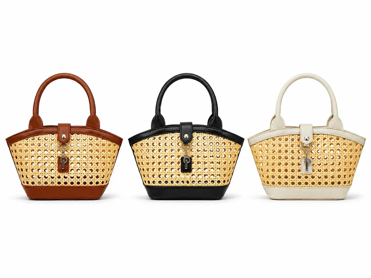Three small woven tote handbags with structured leather handles and bases, shown side by side on a white background. The left bag is brown and tan, the middle is black and tan, and the right is cream and tan.