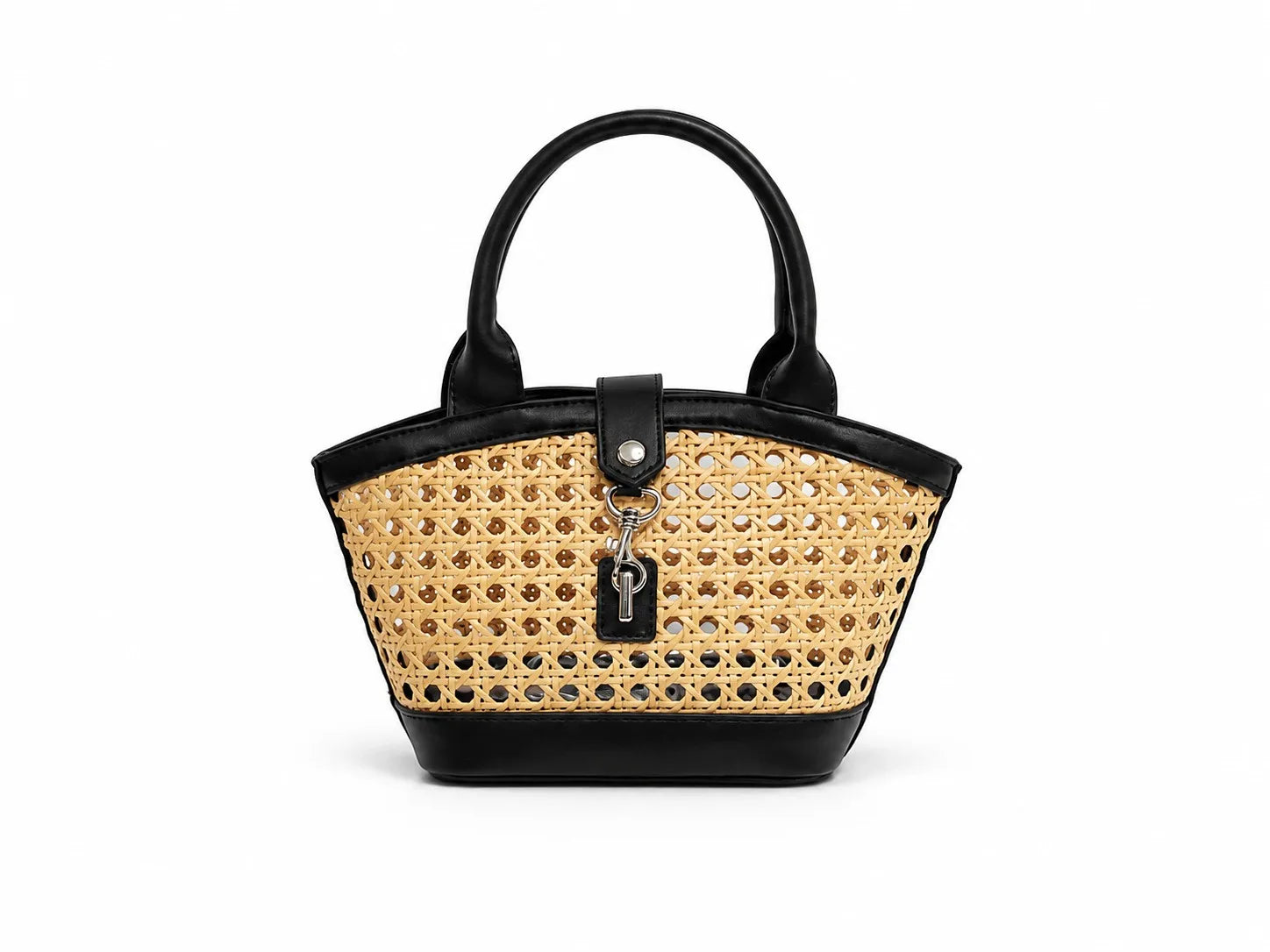Handbag with black leather top handle and wicker body on a white background