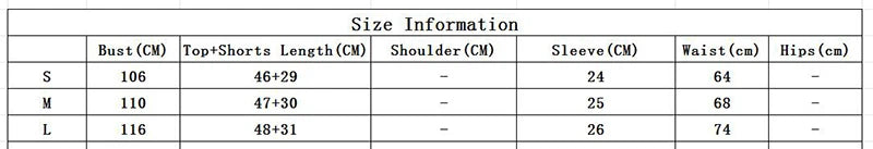 A size information table showing measurements in centimeters for S, M, and L sizes, including Bust (CM), Top+Shorts Length (CM), Shoulder (CM), Sleeve (CM), Waist (cm), and Hips (cm).