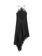 Black slip dress with lace details on a white background