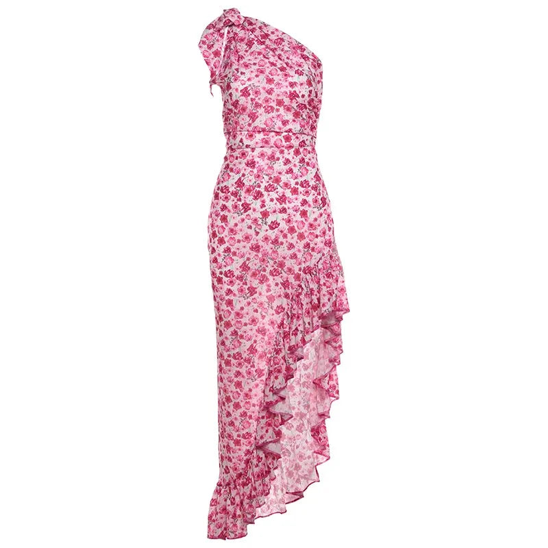 Pink floral one-shoulder dress on a white background