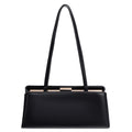 Black handbag with a strap on a white background