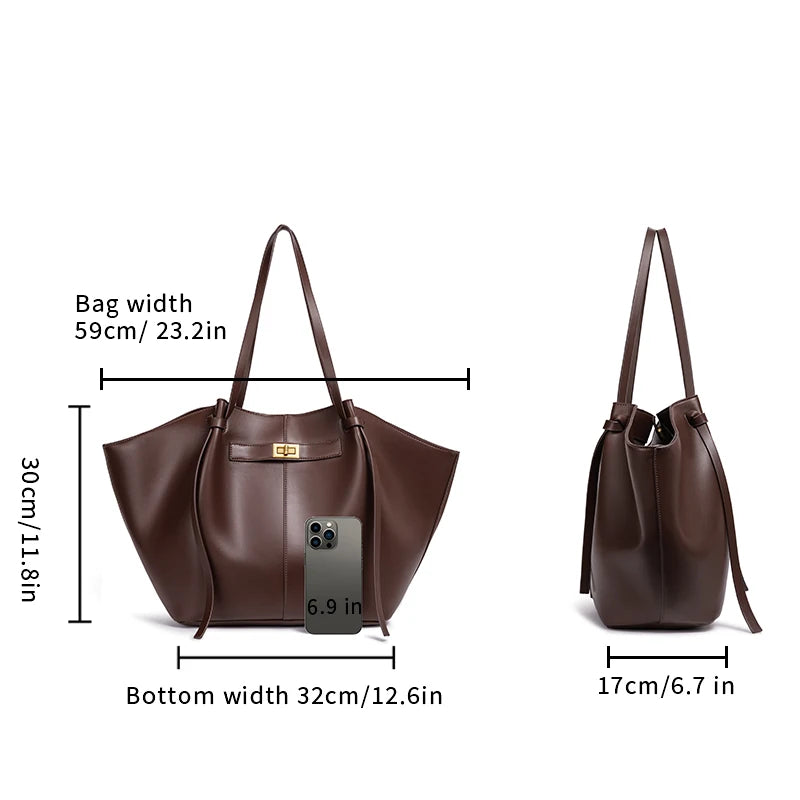 Brown handbag with dimensions indicated on a white background