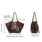 Brown handbag with dimensions indicated on a white background