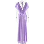 Lavender evening gown on a mannequin against a white background