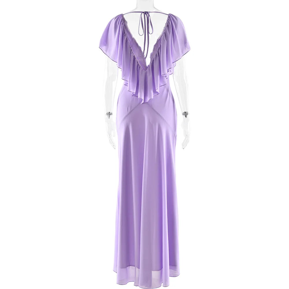 Lavender evening gown on a mannequin against a white background