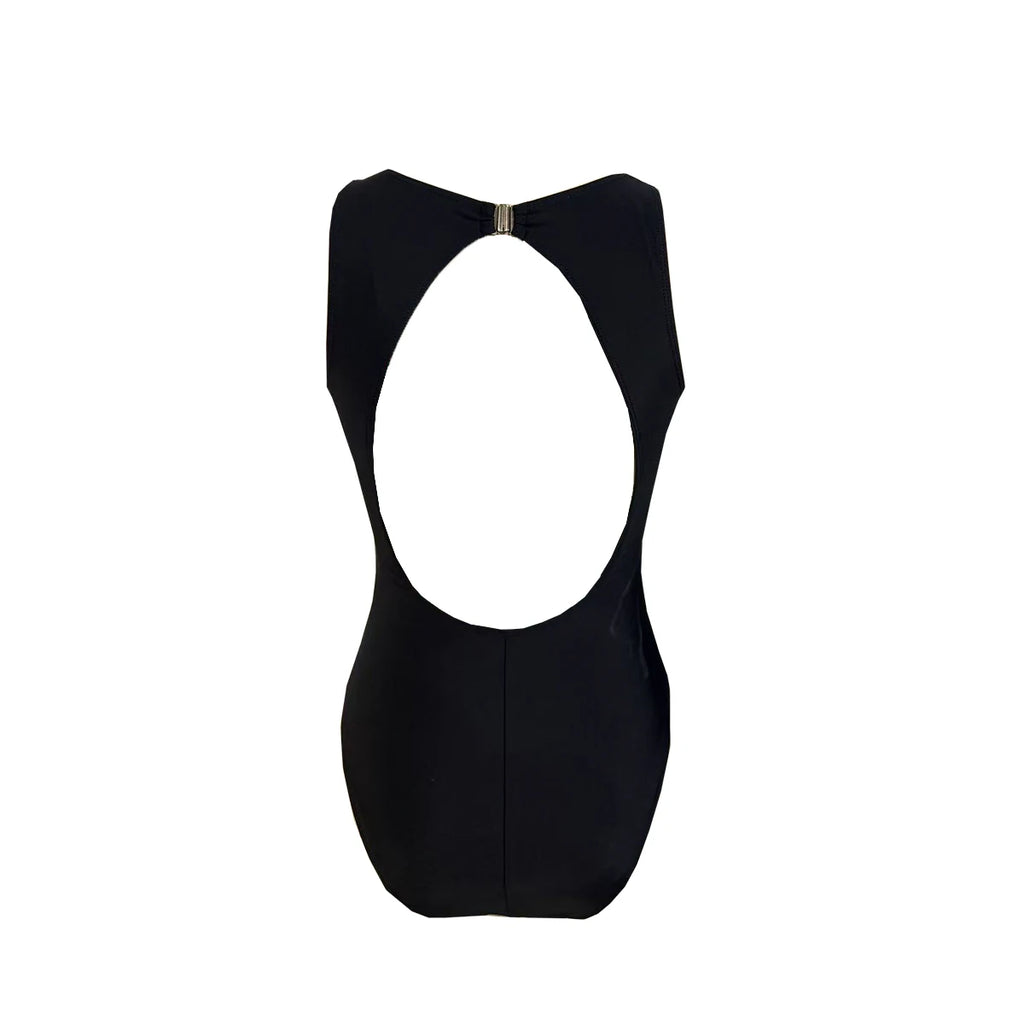 Black swimsuit with unique cutout design on a white background