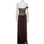 Mannequin wearing a brown evening gown with lace detailing on a white background