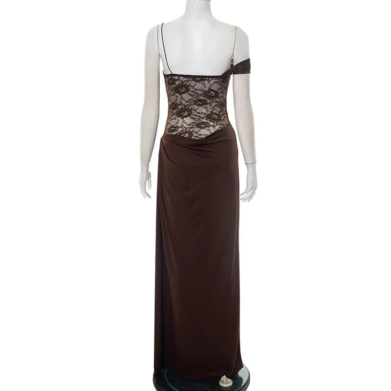 Mannequin wearing a brown evening gown with lace detailing on a white background