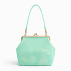 A mint green translucent handbag with a gold-tone kiss-lock frame and matching shoulder strap, shown on a clean white background.