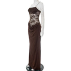 Brown evening gown with lace detailing on a mannequin against a white background