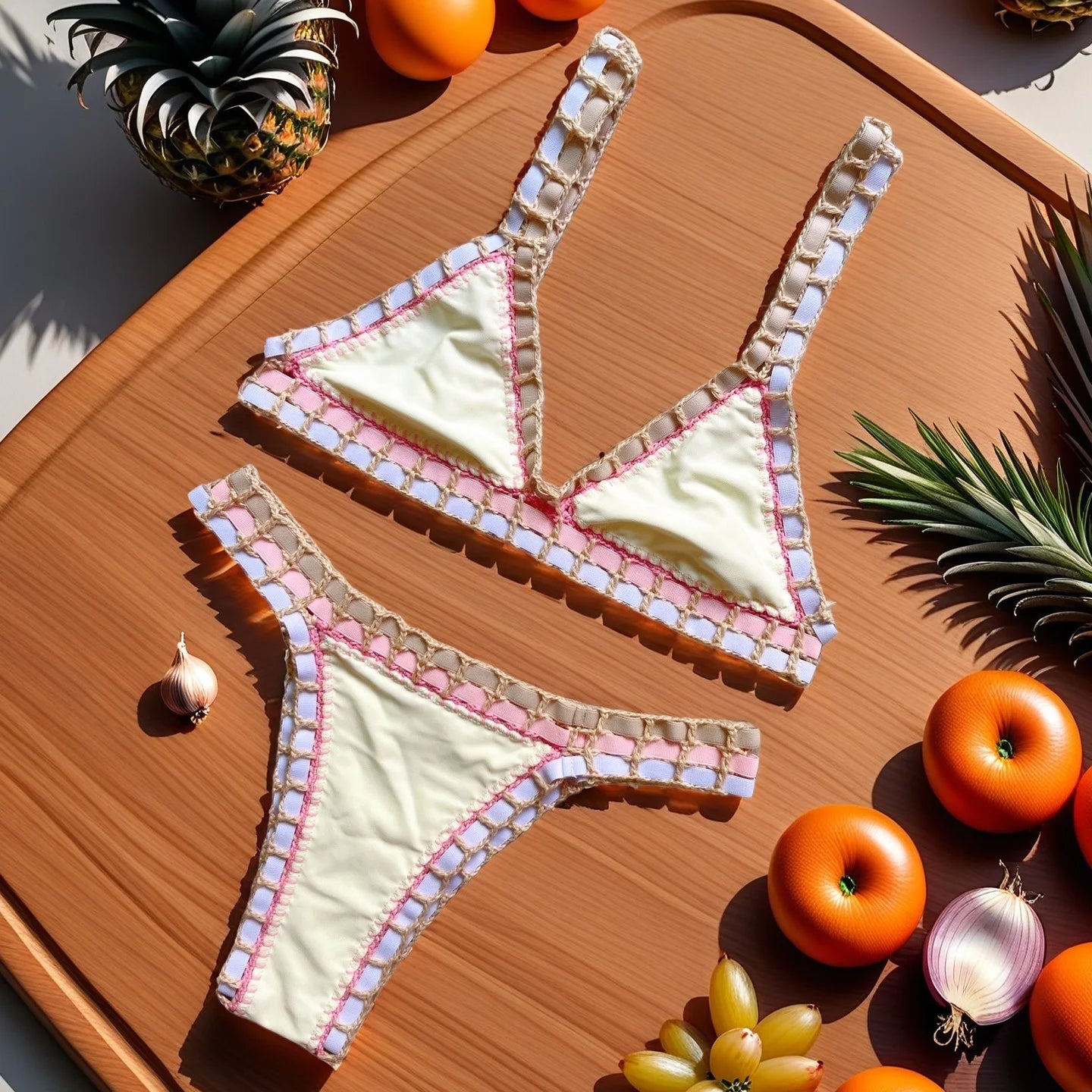 Bikini set on a wooden surface with fruits and vegetables around